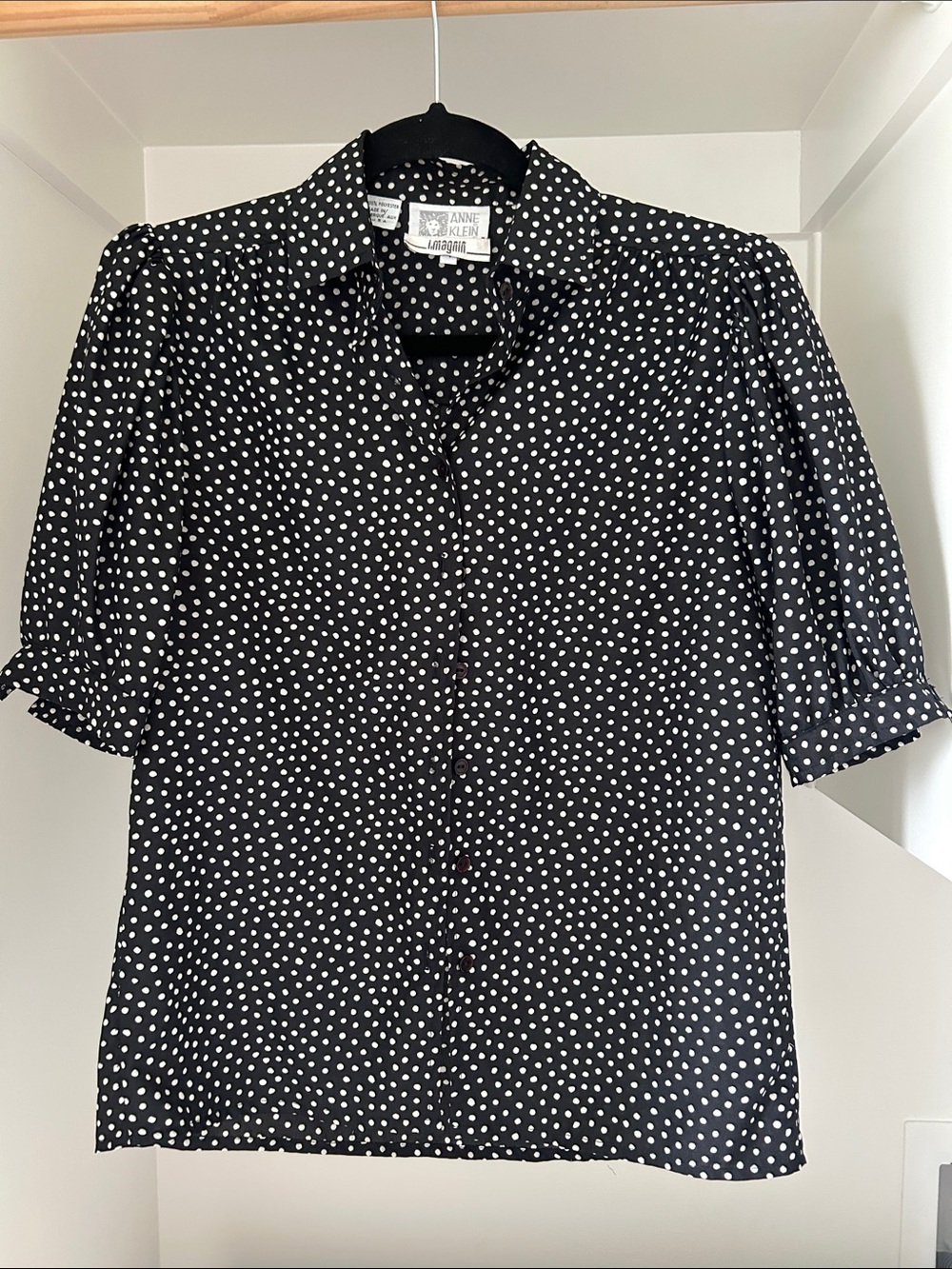Vintage Anne Klein Black Polka Dot Button-Down Blouse